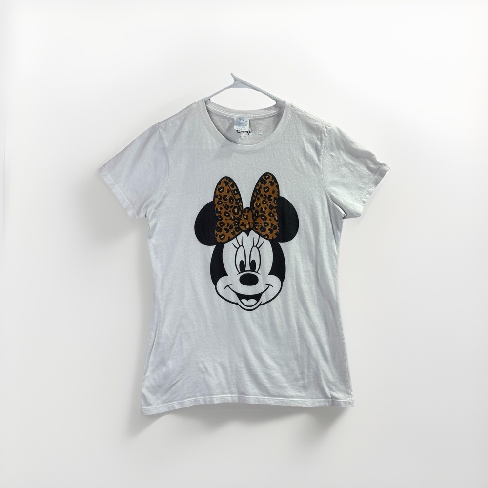 Disney Minnie Mouse Leopard Bow Graphic Tee Women's Small White Classic Fit